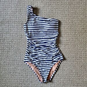 ✅ J. Crew Blue and White Striped One-Shoulder Swimsuit